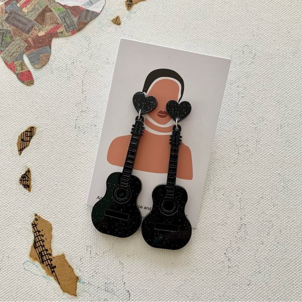 Black Glitter Guitar and Heart Charm Drop Festival Eras Statement Earrings